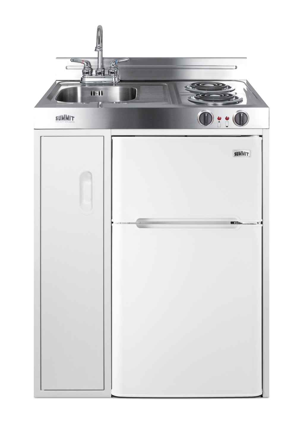 30 inch wide all-in-one kitchenette with 2-burner 115V coil cooktop, refrigerator-freezer, sink, and storage cabinet